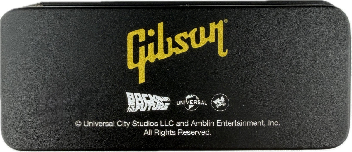 Marty McFly Back to the Future Gibson guitar pick tin reverse with licensing logos detail 1