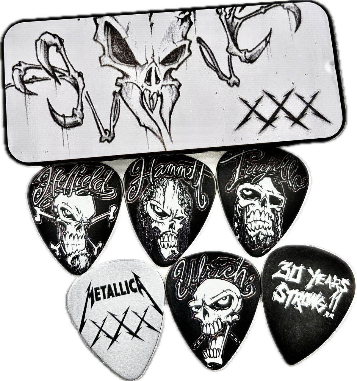 metallica 2011 30th anniversary dunlop guitar pick tin with picks front detail 2