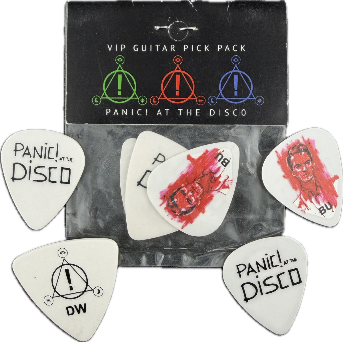 panic at the disco death of a bachelor vip guitar pick pack skull and emblem white background pickrebel photo detail 3