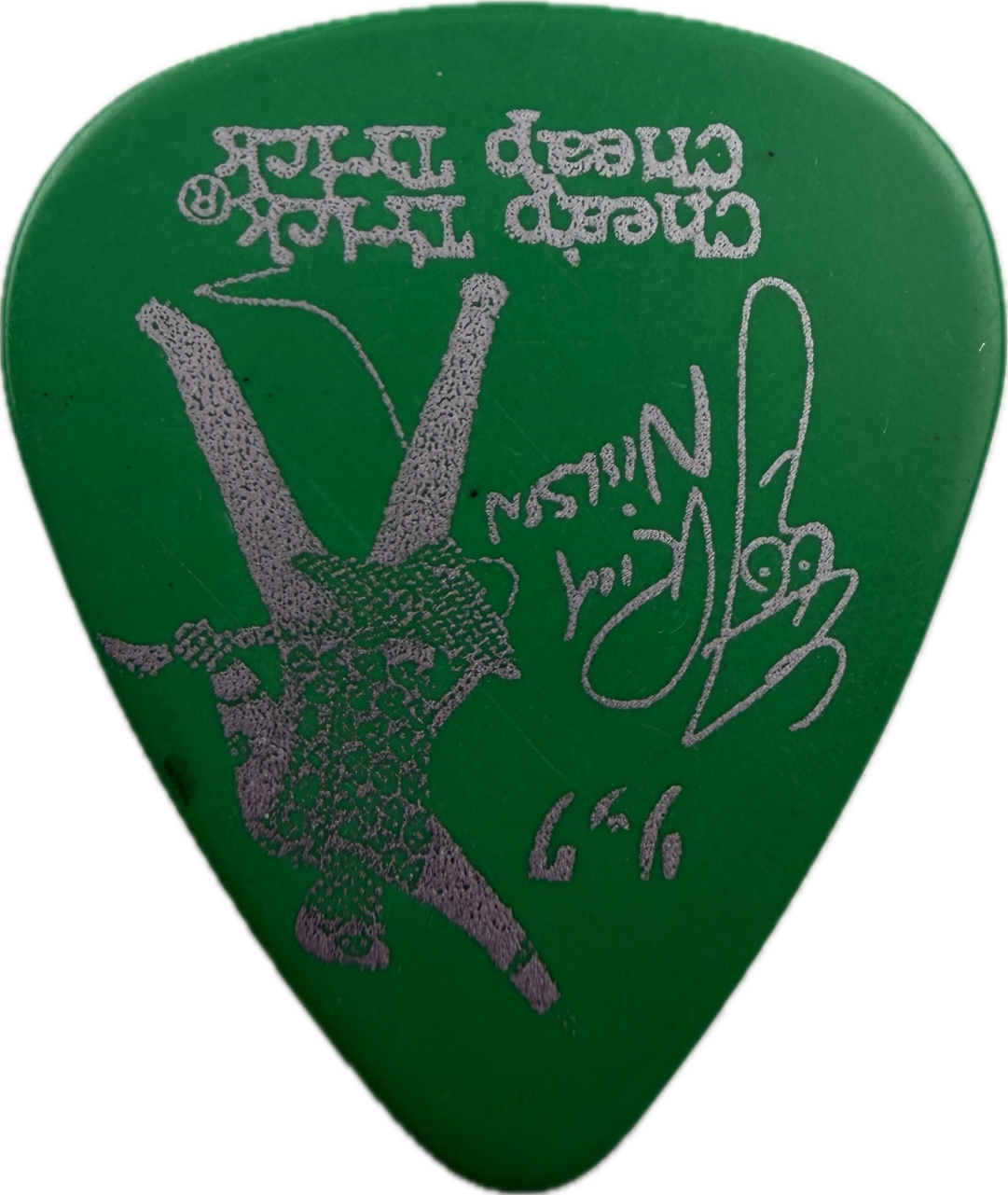 rick nielsen cheap trick r logo signature omega gp green guitar pick reverse pickrebel photo reverse