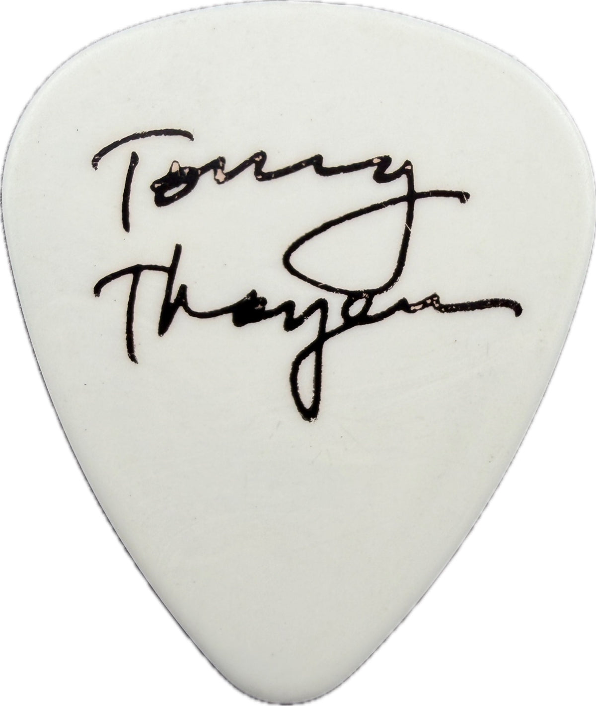 Reverse of the Tommy Thayer KISS The Tour 2012 V.I.P. guitar pick with printed signature on white reverse